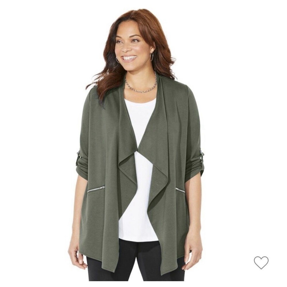 Catherines Cloud Knit French Terry Drape Front Cardigan Olive Green Women’s 1X